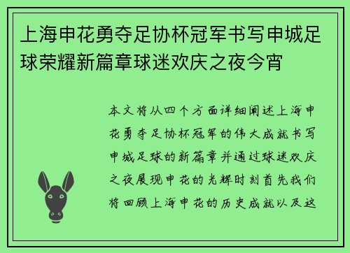 上海申花勇夺足协杯冠军书写申城足球荣耀新篇章球迷欢庆之夜今宵 上海申花勇夺足协杯冠军书写申城足球荣耀新篇章球迷欢庆之夜今宵